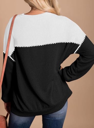 Image of Dokotoo Womens Tops Fashion 2026 Color Block Long Sleeve Shirts for Women Crewneck Knitted Casual Loose Blouses