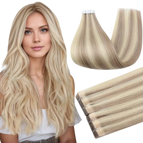 Image of Full Shine Blonde Injected Tape Extensions Human Hair Color 18 Ash Blonde Highlight 613 Blonde Remy Tape in Hair Extensions Invisible Adhesive Skin Weft for Natural Look 14Inch 40G 20Pcs
