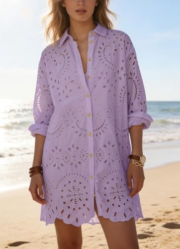 Image of CHARTOU Women Eyelet Lace Dress Button Down Shirt Loose Fit Summer Casual Mini Dress