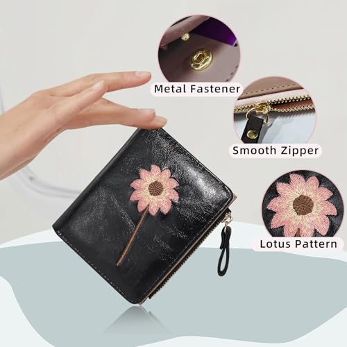 Wallet Women, Leather Bifold Card Holder Wallets for Women with Snap and Zipper, Flower Embroidery Printing Small Wallet with Coin Pocket and 6 Cards Slots (Black)3