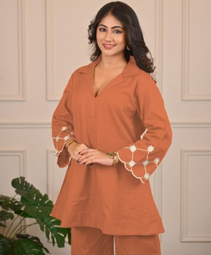 Image of SHIENZY Women Rayon Embrioded Co Ord Set | Stylish V Neck Co-Ord Set for Women | Straight Kurta & Plazzo | Short Kurti and Pant | Party & Ethnic Wear | Traditional & Casual Kurti Set