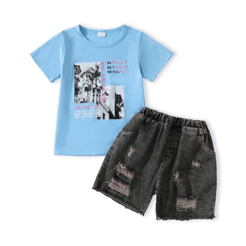 Image of Kids Toddler Girls Summer Clothes Leopard Butterfly Print T-Shirt + Belted Denim Jeans Shorts 3PCS Outfits