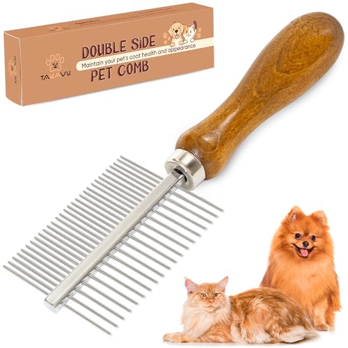 Takavu Double-Sided Metal Pet Comb for Dogs & Cats - Stainless Steel Teeth for Detangling, Removing...