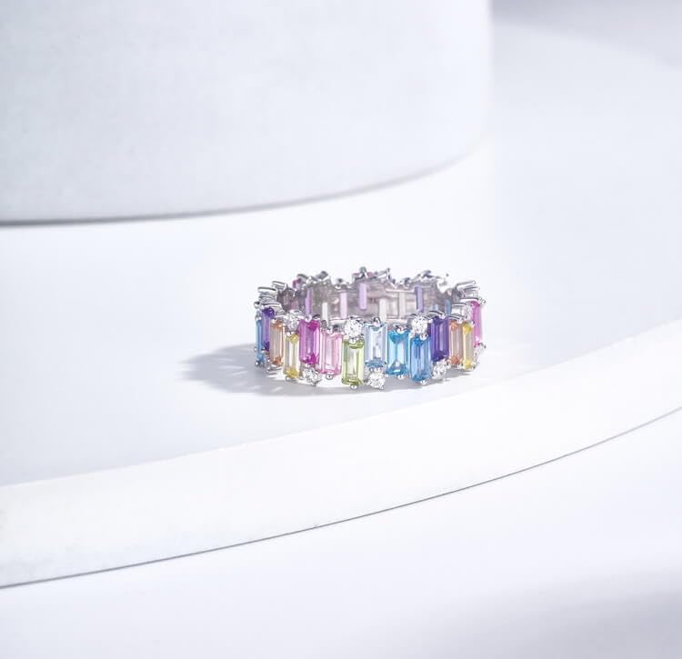 WES 925 Sterling Silver Colorful Rainbow Cubic Zirconia Eternity Rings for Women, Size 6-8 - Image 2