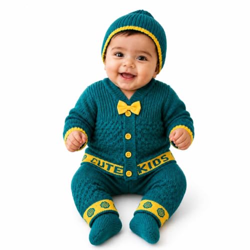 Image of Baby Unisex New Born Baby Boys Girls Soft Comfortable Trendy Woolen Round Neck Stripe Sweater Set with Payjami, Cap and Pair of Booties for Toddlers