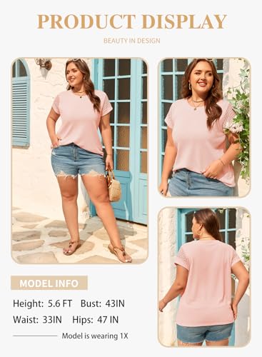 Image of Eytino Plus Size Tops for Women Waffle Knit T-Shirts Round Neck Short Sleeve Casual Loose Basic Tee Blouses(1X-5X)