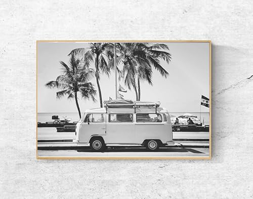 Print Beach Art, Black And White Combi Van Palm Tree
