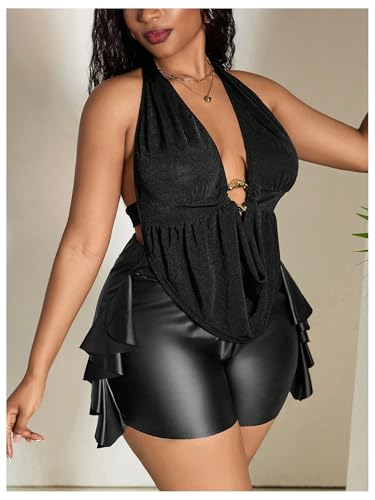 Verdusa Women's Plus Size Sexy Halter Going Out Tops Backless Deep V Neck Cowl Neck Party Tank Top3