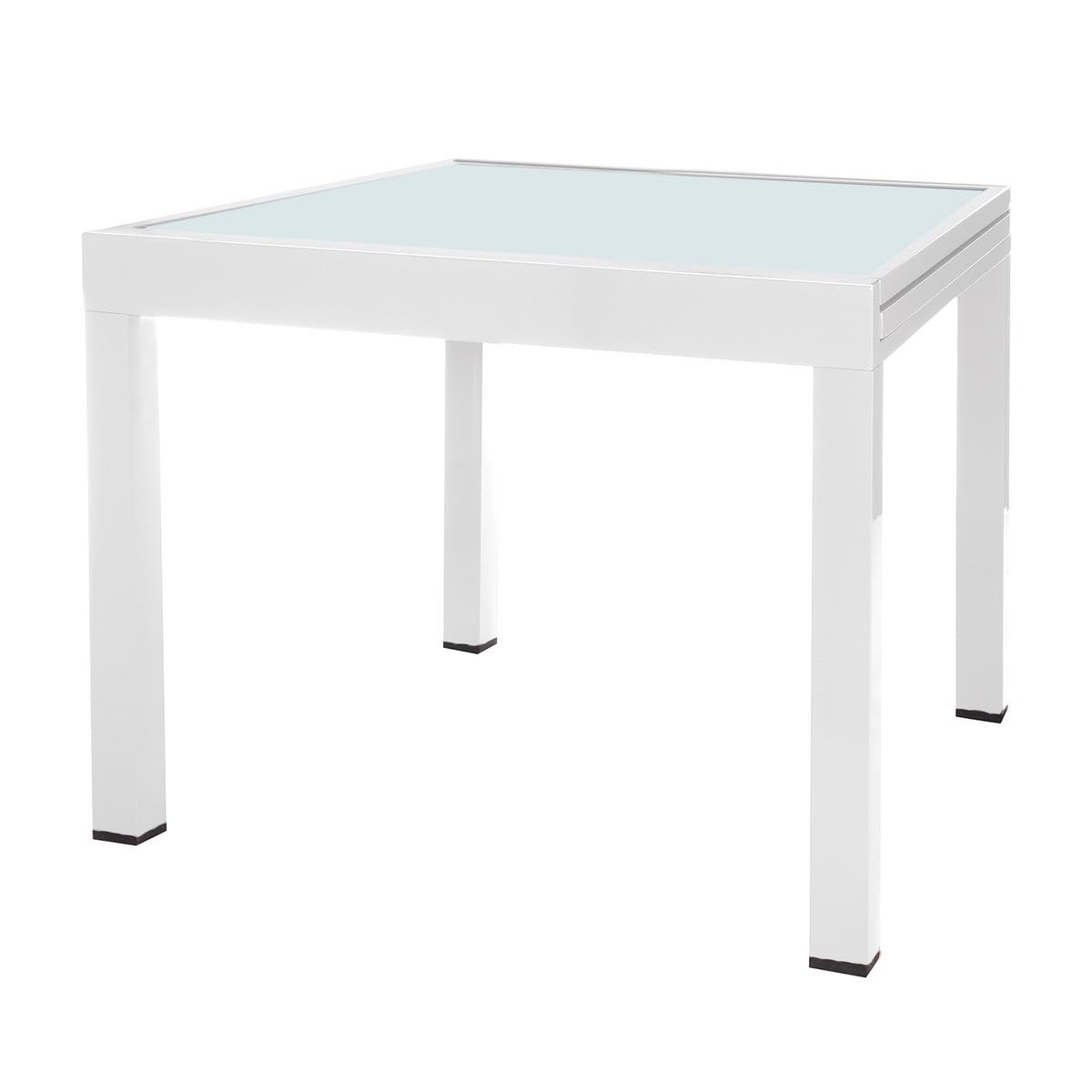 LOLAhome Mesa de Comedor Extensible para jardín Thais, Blanca de 80x80 cm Extensible 160 cm, de Aluminio y Cristal Serigrafiado, Tratamiento Anticorrosión, Elegante y Duradera, para 6 Personas