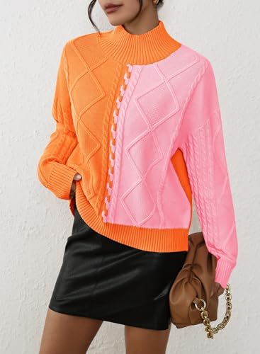 Pink Queen Women's Chunky Sweaters 2025 Fall Winter Long Sleeve Mock Neck Cable Knit Colorblock Pullover Jumper Tops3