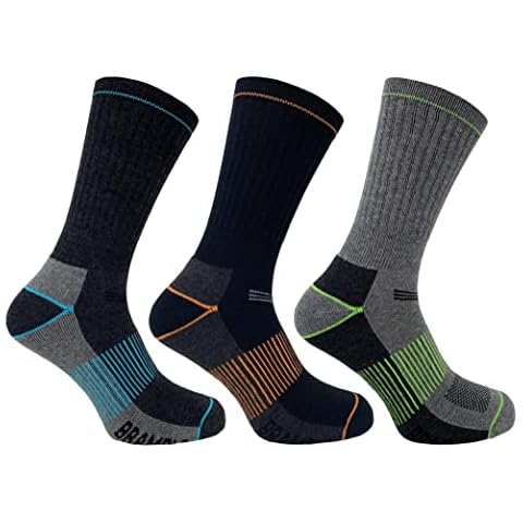 Bramble Mens light weight hiking boot socks | 3 Pairs | U.K. Size 6-11 | Grey/ Neon walking socks, Outdoor all year comfort hiking boot socks, activity socks Cover