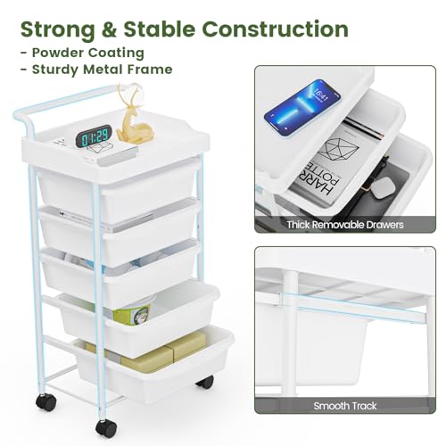 Shrivee Carrito Auxiliar de 5 Cajones con Ruedas y Cajones Estetica Ahorro de Espacio Carro Organizador para Cocina Baño Dormitorio Oficina (Blanco) - imagen 5