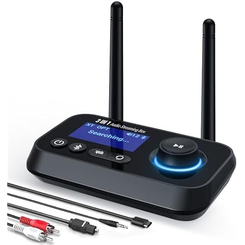 Ainostone Bluetooth Transmitter Receiver 3-in-1 Bluetooth 5.0 Audio Adapter for 2 Headphones with Dual Antenna Bypass Volume Control LCD Display 3.5mm Aux/Optical/RCA for Home Stereo TV Speaker PC Cover