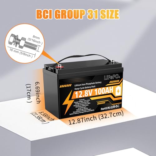 Image of 12V 100Ah LiFePO4 Lithium Battery, Group 31 Deep Cycle with Smart 100A BMS & Low Temp Cut-Off, 15000 Cycles 10-Year Life, Lightweight Replacement for RV, Solar, Marine, Home Backup, Off-Grid