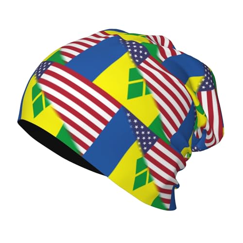 American Flag and Flag of Saint Vincent Grenadines Kids Leisure Elastic Knitted Hat Junior Large Size Knit Cap Child Beanie Black