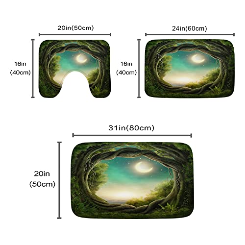 Forest verzauberter Baum, Mondnacht-Landschaft, Badezimmerteppiche und Matten-Set, 3-teilig, Memory-Schaum, rutschfest, saugfähig, U-förmige Kontur-Duschmatte, Samt-WC-Deckelbezug, waschbar – Bild 4