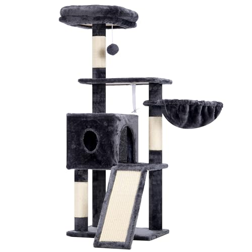 Hey-brother Kratzbaum, 108cm Indoor Katzenbaum, mehrstöckiger Katzenkratzbaum für Kätzchen, mit Kratzsäulen, Rampe, Körbchen, geräumigem Katzenloch und hängendem Pompon-Spielzeug, Rauchgrau MPJ007SG