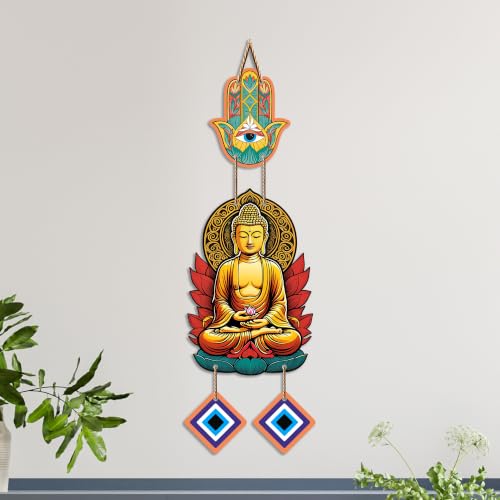 Image of Artvibes Golden Buddha Wall Hanging with Hamsa Hand and Evil Eye Charms | Spiritual Protection Decor for Home | Meditation | Yoga Spaces & Entryway | Positive Energy Wall Art Gift (WH 8594N)
