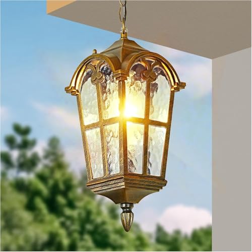 Gold Outdoor Pendant Light for Porch Patio Garden Yard, Anti-Rust Aluminium Exterior Hanging Light Fixtures, Outside Vintage Hanging Ceiling Outdoor Pendant Lamp Height Adjustable, 2pack