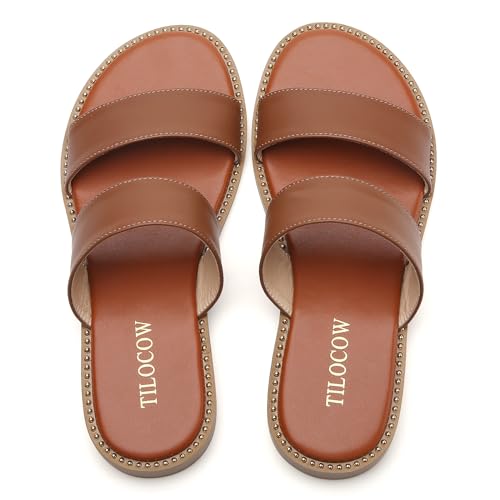 Image of Tilocow Women's Flat Sandals Two Strap Summer Dressy Studded Slide Sandals Open Toe Cute Casual Slip on Comfort Shoes for Beach Travel Daily Wear