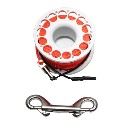 DIVETEC 98FT SCUBA DIVING REEL – Aluminum Spool with Dual-Ended Snap, Vibrant Orange Anti-Twist Nylon Line, Large Center Opening & Hanging Buckle for Wreck/Reef Diving (WHITE)