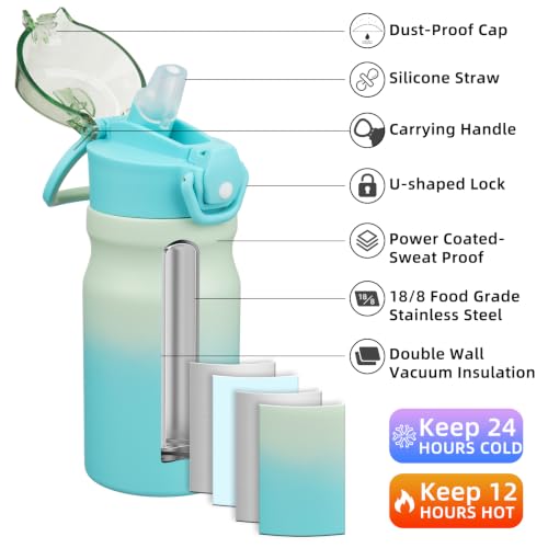 Image of BJPKPK 14 oz Insulated Water Bottle, Straw, Handle, Stainless Steel Flask | Leak Proof Locking Lid, Double Wall Vacuum, Keeps Hot /Cold, BPA Free, Dishwasher Safe, Travel & Sports, Mint