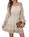 BebreezChic Kleid Damen Elegant Langarm Off Shoulder Einfarbig Swiss Dot Luftig Sommerkleid Minikleider Partykleid Strandkleid mit Gürtel, Beige S Damen Kleid günstig Kaufen-BebreezChic Kleid Damen Elegant Langarm Off Shoulder Einfarbig Swiss Dot Luftig Sommerkleid Minikleider Partykleid Strandkleid mit Gürtel, Beige S