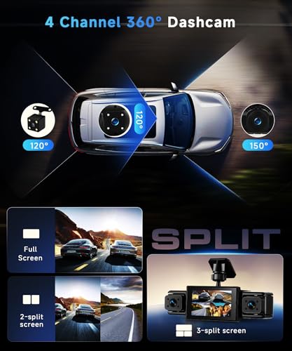Image of 360 Dash Cam Front and Rear Inside Left Right, 4 Channel FHD 1080P Dash Cam for Cars, 3 Inch IPS Dashcams with Night Vision, Loop Recording, 24H Parking Mode Monitor, Reverse View