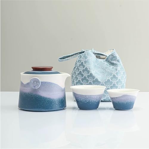 Hermit Life Chinese Travel Tea Set, Portable Ceramic Teapot for One to Two, Gongfu Tea Set with Color Gradient Design, 1 Pot 2 Cups, Gift for Tea Lovers (Azure Coast)