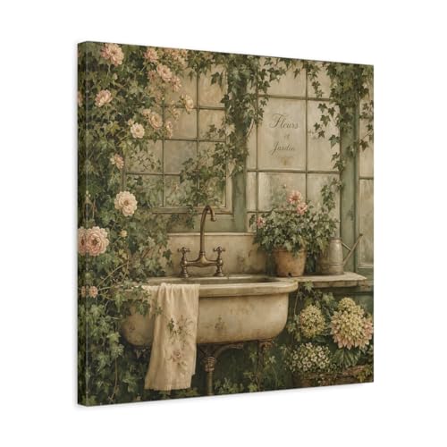 Tableau Floral Garden Sink Toile Verte 50x50 cm pour Décoration Salon