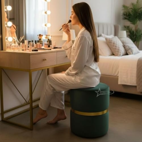 Image of Round Single Strip Upholstered Stool Living Room Foot Rest Linen Fabric Padded Seat Pouf Ottoman Office Stool Dark Green