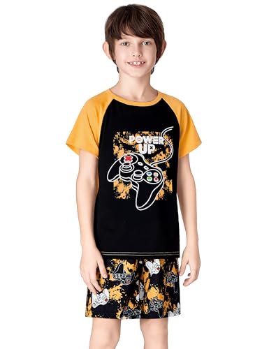 Tebbis 2-Piece Cozy Pajamas For Little/Big Boys Gamer Yellow Short Sleeves Cool PJs Set Kid Size 6-184