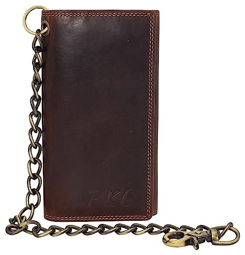 Personalized Bikers RFID Safe Cow Vintage Leather Brown Long Checkbook Trifold Chain Wallet for Men3
