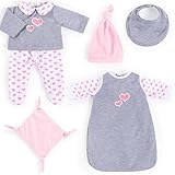 Bayer Design 84619AH Ropa de muñecas de 40 a 46cm, Accesorios para muñeca, Vestidos para muñecas, Saco de Dormir, pantalón, Top, Gorro, Babero, doudou