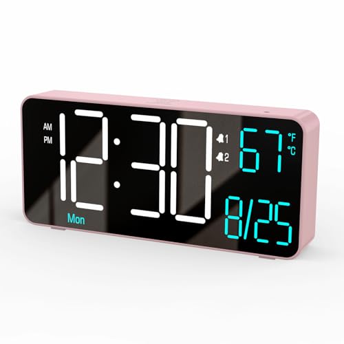 KOSUMOSU 6.7in Pink Alarm Clock - Auto Dim, Temp, Date