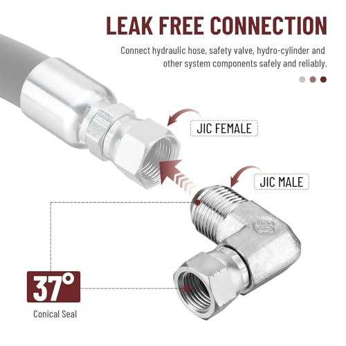 Image of 90 Elbow Hydraulic Fitting: 1 /4 inch JIC Male x 1 /4 inch JIC Female | 5 Pack Carbon Steel Hydraulic Hose Swivel Crimp Adapters with Protective Cover for Hydraulic Assembly System - 6500-04-04