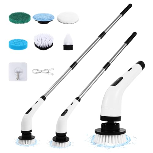 Image of Electric Spin Mop Scrubber for Bathroom Cleaning Brush Tool, Cordless Shower Scrubber with Long Handle &,Powerful Motor,6 Heads Replacement, Cleaning Supplies for Tub Shower Tile Floor Toilet