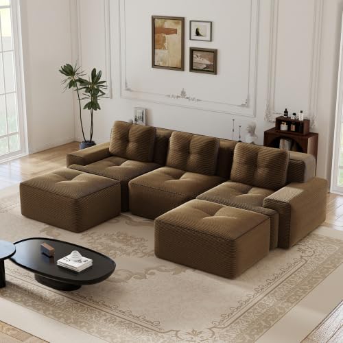 Image of 117 inch U-Shaped 3-Seater Modular Boneless Couch with 2 Ottomans, Cozy Corduroy Upholstery, Deep Seat Cloud sectional Sofa, No Assembly Anti-Slip Stable Design, Brown