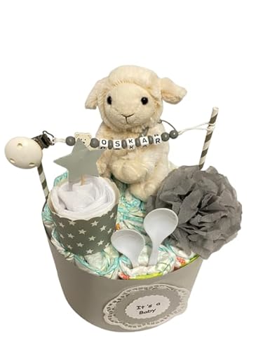Windeltorte mit Name - Kuscheltier mini Schaf grau weiß - Geschenk, Babyparty, Geburt, Taufe, Babygeschenk
