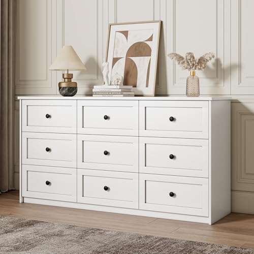 HOUROM White Dresser, Modern 6 Drawer Double Dresser for Bedroom Adults & Kids with Vintage Gold...