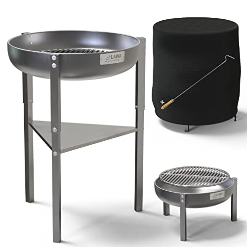 Edelstahl Feuerschale 60cm V2A / 304 18/8 Stahl 3 Höhen Set Abdeckhaube Feuerrost Feuerhaken Klöpperboden Feuerstelle Outdoor Grill Terrassenfeuer Rund Dreibein Garten Grillschale Feuerkorb Terrasse
