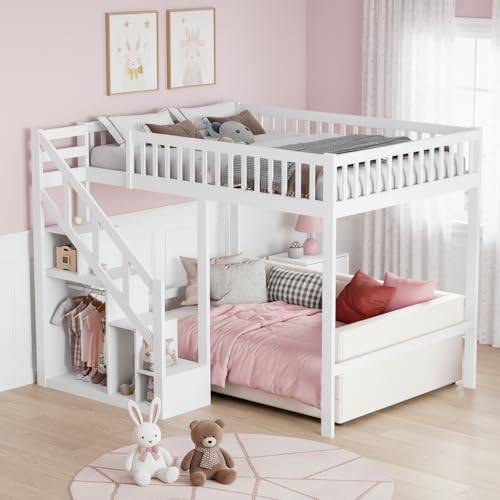 Litera de 140 x 200 cm con escalera, litera con compartimento de almacenamiento para cama infantil, cama entrepiso con protección anticaída y vallas (blanco, 140 x 200)