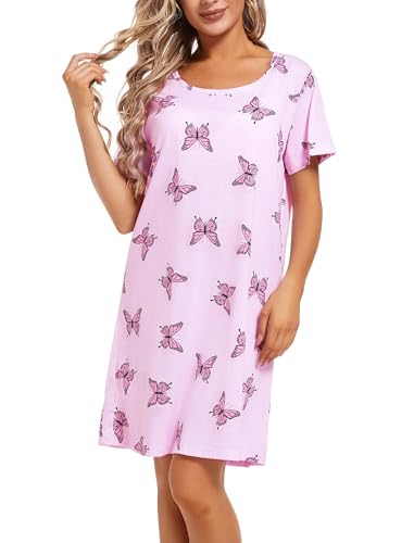 Image of ENJOYNIGHT Womens Cotton Nightgown Short Sleeve Sleepshirt Print Nightshirt | Short-Sleeve Crew Neck, Soft Cotton Fabric, Cartoon Printed Sleep Shirt, Loose Fit