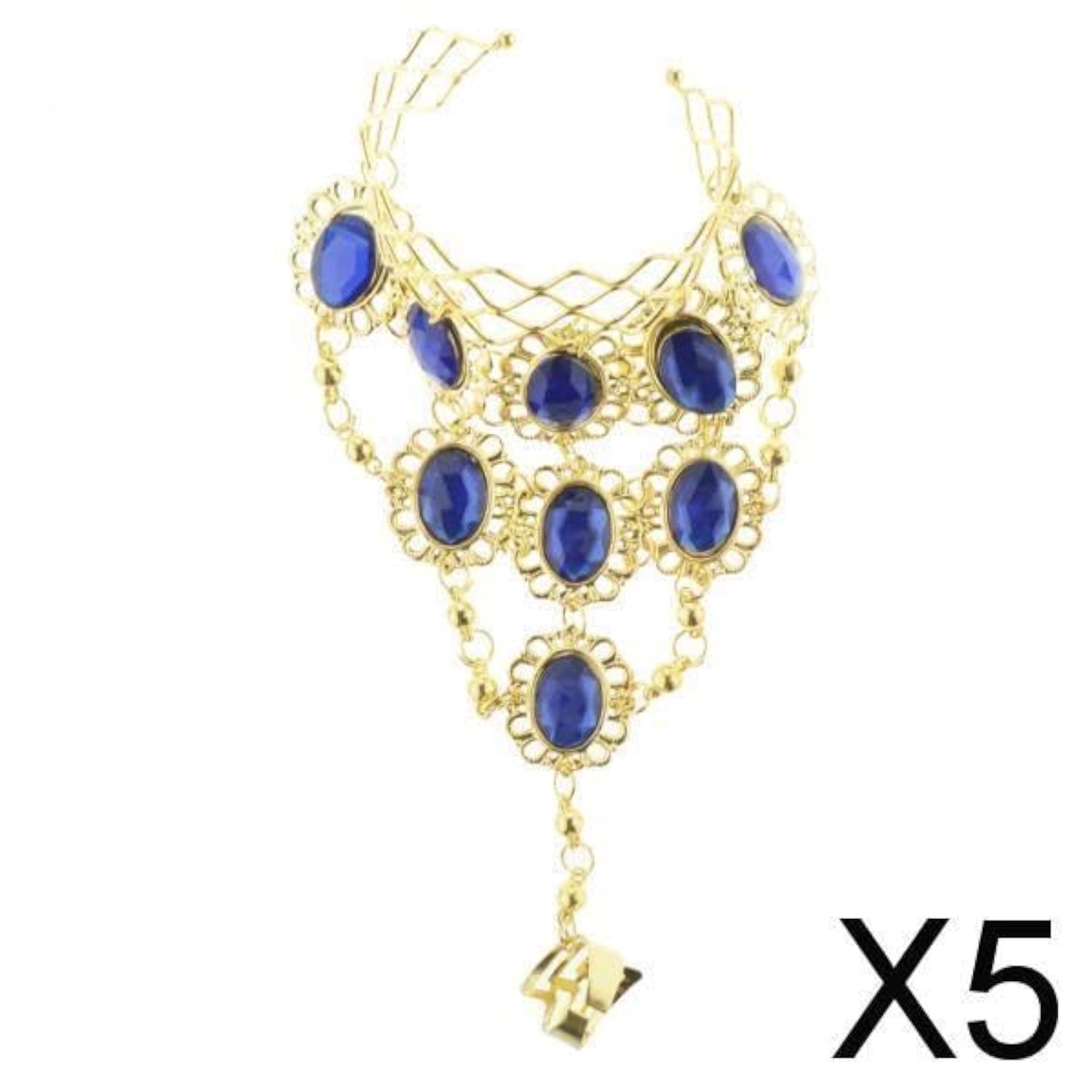 Belly Dancing Bracelet with Finger Ring, Blue, Set of 5