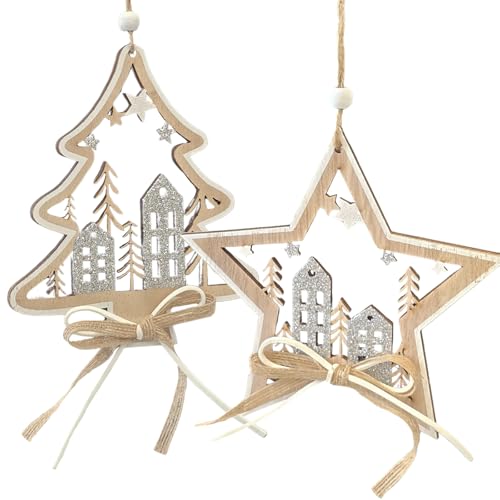 Weihnachtsanhänger Tannenbaum & Stern, 2 Stück: Anhänger Holz,...