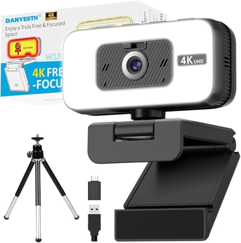 4K Webcam mit Licht & Zoom, USB Computer Kamera mit Mikrofon, Privatsphäre-Abdeckung & Anti-Stör-Licht, Autofokus 4K UHD Webcam für PC Laptop Monitor, Plug & Play mit Type-C Adapter