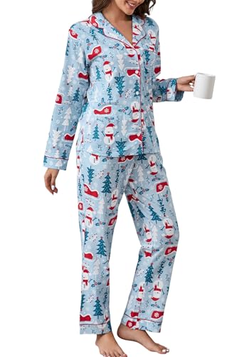 Image of LUBOT Christmas Pajamas for Women 100% Cotton Pajama 2 Piece PJ Set Soft Long Sleeve Button Xmas Print Loungewear XS-XXL