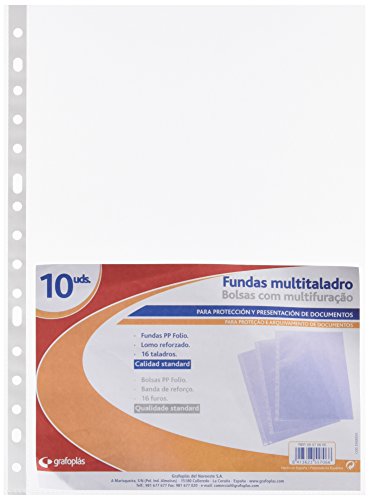 Grafoplas - Bolsa de 10 Fundas con Taladros Polipropileno Estándar, Tamaño Folio, Transparentes, Perfectas para Proteger Hojas de Papel tamaño A4 y Folio