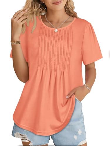 Womens T Shirts Short Sleeve Tops Dressy Casual Blouses Pleated Front Summer Outfits3