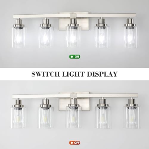 Image of Bathroom Vanity Light, 5-Light Nickel Modern Matte Wall Sconce Lighting with Clear Glass Shade, Wall Lights,Bath Vintage Wall Mounted Lamps for Mirror Bedroom Living Room